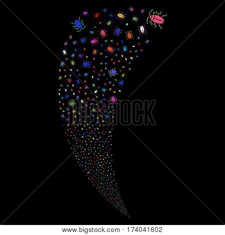 Cucaracha random fireworks stream. Vector illustration style is flat bright multicolored iconic symbols on a black background. Object fountain made from scattered pictographs.