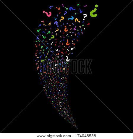 Question random fireworks stream. Vector illustration style is flat bright multicolored iconic symbols on a black background. Object fountain created from scattered pictographs.