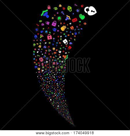 Secrecy Symbols random fireworks stream. Vector illustration style is flat bright multicolored iconic symbols on a black background. Object fountain combined from scattered design elements.
