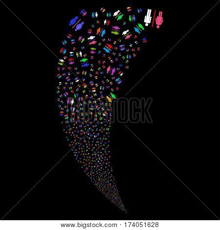 Toilet random fireworks stream. Vector illustration style is flat bright multicolored iconic symbols on a black background. Object fountain combined from scattered design elements.