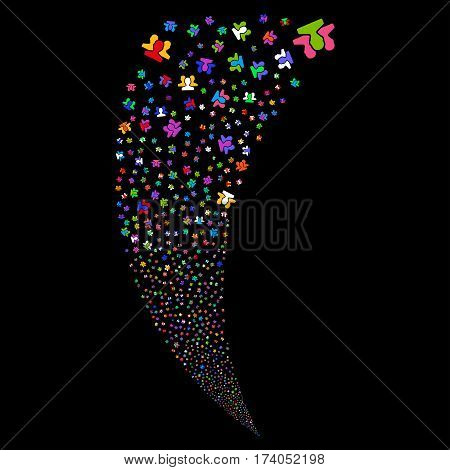 Users random fireworks stream. Vector illustration style is flat bright multicolored iconic symbols on a black background. Object fountain organized from scattered icons.