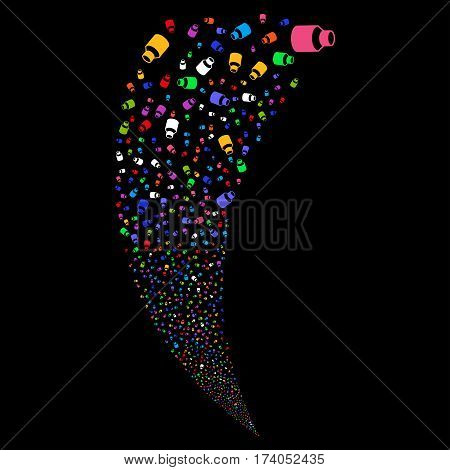 Vial random fireworks stream. Vector illustration style is flat bright multicolored iconic symbols on a black background. Object fountain made from scattered symbols.