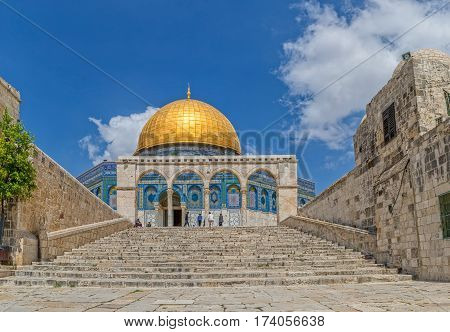 JERUSALEM, ISRAEL - MAY 23, 2016: Tourists visiting the Dome of the Rock, an Islamic shrine located on the Temple Mount in the Old City.