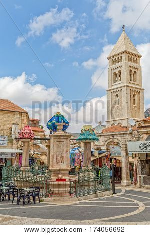 JERUSALEM, ISRAEL - MAY 23, 2016: View from the Muristan fountain at center of market area in Old City.