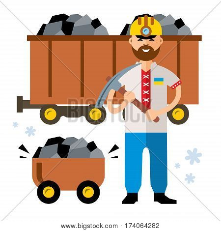 Miner with a pickaxe and wagon with ore. Isolated on a white background