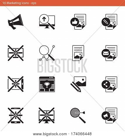 Set of vector eps icons showing marketing, advertising and internet promotion in one color