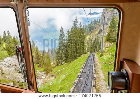 Cog train and railway on Pilatus Mountain. Switzerland.