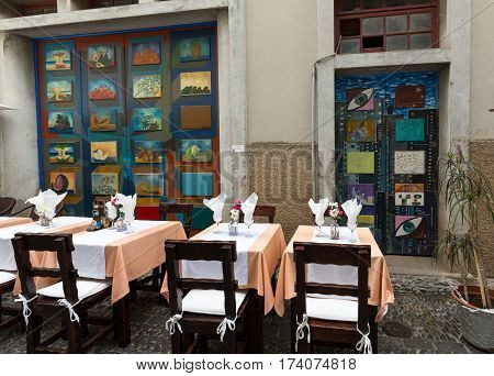 FUNCHALMADEIRA PORTUGAL SEPTEMBER 4 2016: Zone Velha - the oldest district famous for its best restaurants and cafes in Funchal. Madeira Portugal