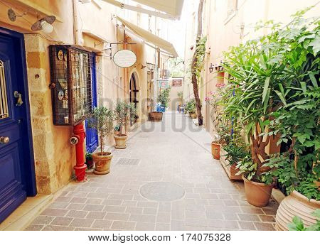 door architecture detail in house building with bougainvillaea Greece