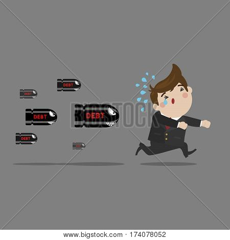 cute flat vector cartoon style Businessman running away from following debt