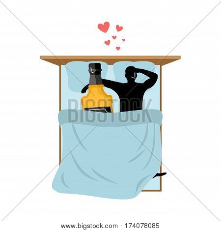 Lover Drink Alcohol. Bottle Of Whiskey Ang Guy In Bed. Man And Brandy In Bedroom. Romantic Date. Alc