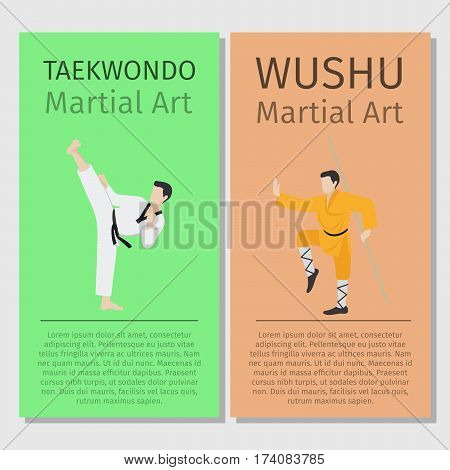 Asian martial arts vector flyers set. Taekwondo and Wushu illustration