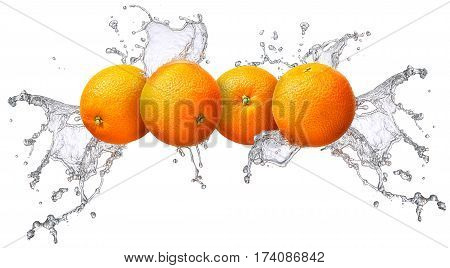 Water splash and fruits isolated on white backgroud. Fresh orange