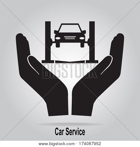 Car in hand icon. Protection or care car service concept
