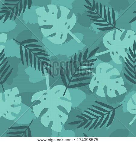 Dark green tropical leafs background. Vector hand drawn seamless pattern