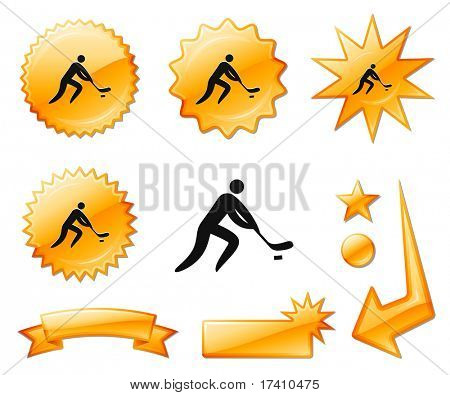 Hockey ikon på Orange Burst bannere og medaljer oprindelige vektor Illustration