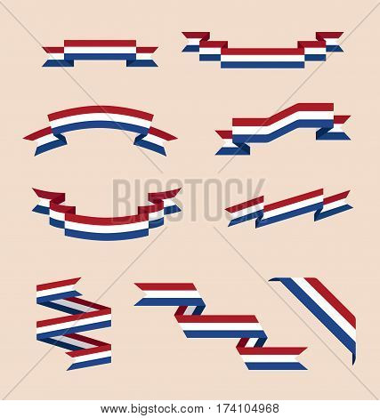 Vector set of skrolled isolated ribbons or banners in colors of Netherlands flag.