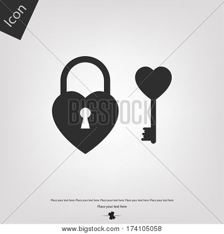 Heart lock key icon, gray background. Vector illustration.