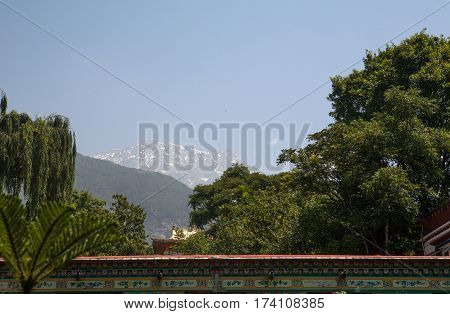 DHARAMSALA, INDIA. 2 June 2009: Institute of Norbulingka in the background of the Himalayas. Western Himalaya, Himachal Pradesh, district of Kangra.