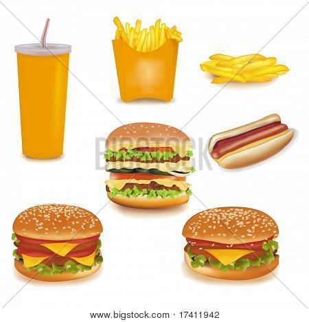 Vettoriale fotorealistica. Grande gruppo di prodotti di fast food.