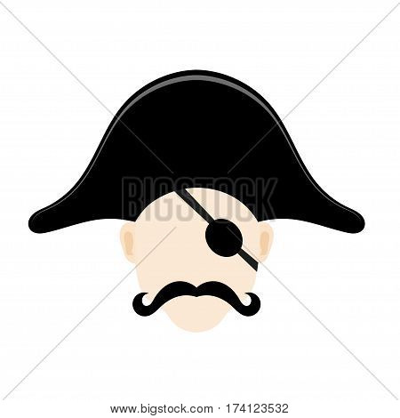 Vector illustration of a pirate head a cocked hat with an eye patch and a mustache. Vector icons for web site design. Stock illustration