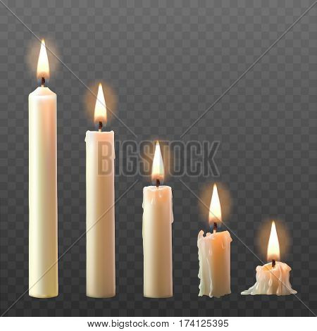Vector set of realistic white burning candles isolated on a transparent background. Candles with melted wax on different combustion stage
