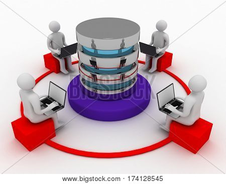 3d men with laptops connected to data server. data concept