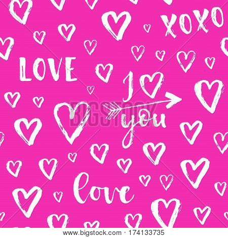 Vector Fashion Seamless Pattern With Hearts On Happy Valentines Day. Doodle Style