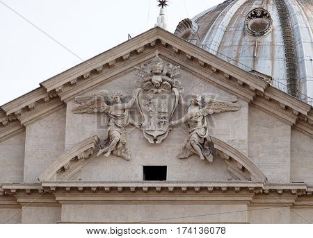 ROME, ITALY - SEPTEMBER 01: Coat of arms of Pope Alexander VII Chigi on the portal of Sant Andrea della Valle Church in Rome, Italy on September 01, 2016.