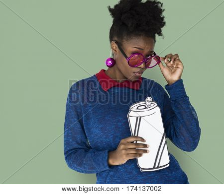 African Woman with Sunglasses Holding a Can Beverage