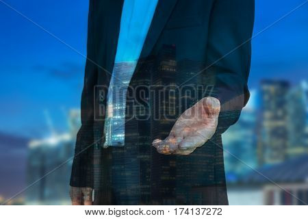 abstract double expore of businessman and night cityscape for invite concept - can use to display or montage on product