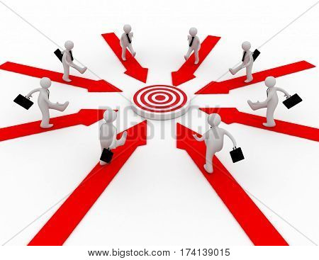 Businessmen are running on arrows pointing to a target at the center. 3d rendered illustration
