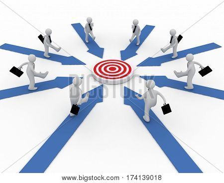 Businessmen are running on arrows pointing to a target at the center. 3d rendered illustration