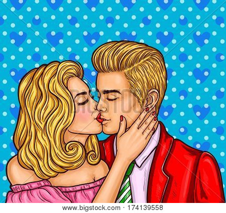 Vector pop art illustration of a young kissing couple