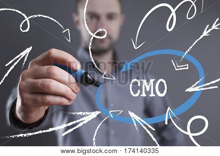 Technology, Internet, Business And Marketing. Young Business Man Writing Word: Cmo