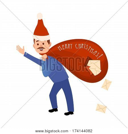 Service anytime. Postman in Christmas hat hurry to deliver letters. Bag full of mails dropping through hole. Web banner. Congratulation with greeting cards. Vector