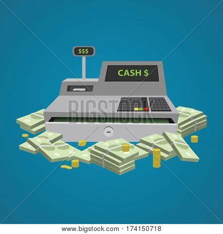Cash register. A lot of money. Vector flat illustration on blue background.