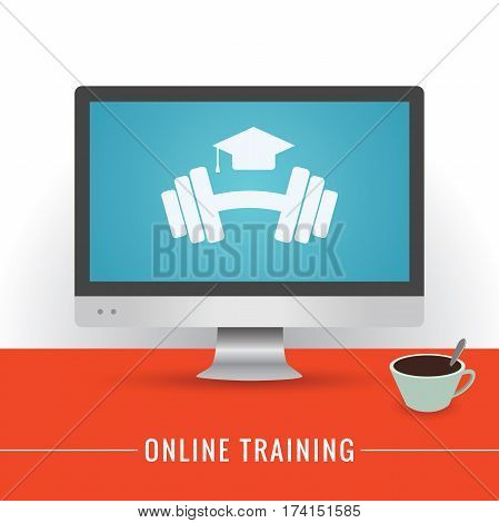 Online training illustration. Monitor on a table. Emblem with dumbbell. Use for your cover, flyer, banner and web design. Vector eps 10.