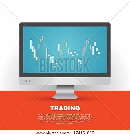 Trading flat illustration. Japanese candlestick analysis. Financial investment. Monitor on a table. Design element for your business presentation. Eps 10.