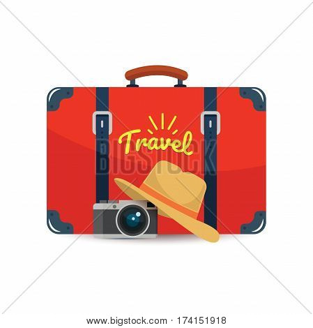 Tourist suitcase, camera and hat. Element for your travel design. Vector illustration eps 10.