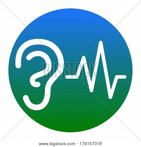 Ear hearing sound sign. Vector. White icon in bluish circle on white background. Isolated.
