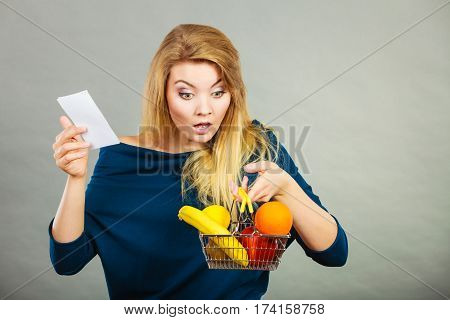 Shocked Woman Holding Shopping Basket With Fruits