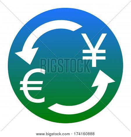 Currency exchange sign. Euro and Japan Yen. Vector. White icon in bluish circle on white background. Isolated.