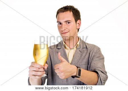 A young man grab a lager beer