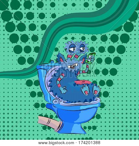 funny monster sitting on the toilet green pop art and talking on the phone