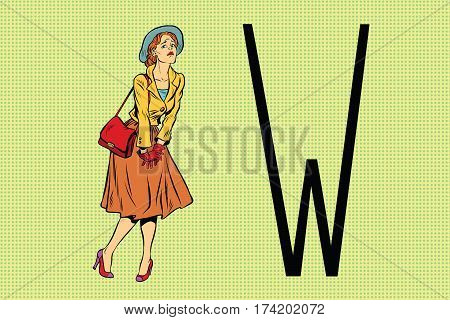 Retro woman wants to pee in the toilet. Pop art retro vector illustration