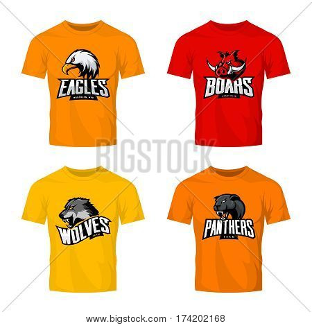 Furious panther, wolf, eagle and boar sport vector logo concept set isolated on color t-shirt mockup. 
Modern team pictogram design. Premium quality wild animal and bird head t-shirt tee print illustration.