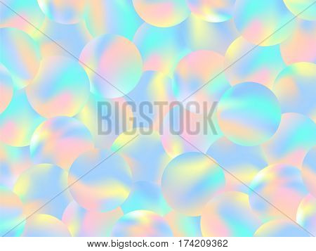 Holographic bubbles background. Trendy fashion wallpaper. Pastel smooth texture. Holography circles backdrop. Modern vector illustration for web design or printed products.