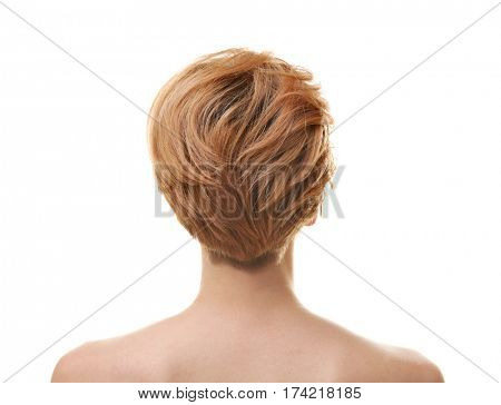 Young woman with trendy hairstyle on white background