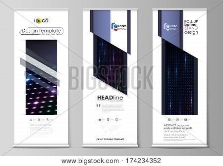 Set of roll up banner stands, flat design templates, abstract geometric style, modern business concept, corporate vertical vector flyers, flag layouts. Abstract colorful neon dots, dotted technology background. Glowing particles, led light pattern, futuri